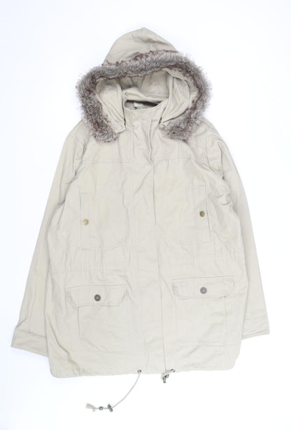 Cotton Traders Women’s Beige Faux Fur Hooded Parka Coat Size 18