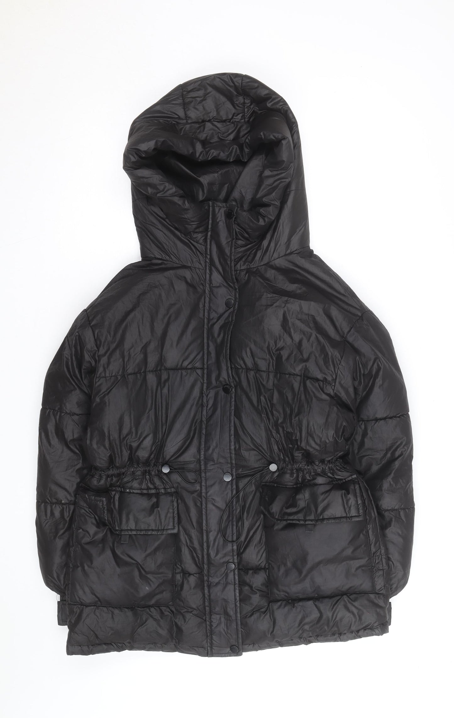 Bershka Women's Black XS Puffer Jacket Hooded Mid-Length