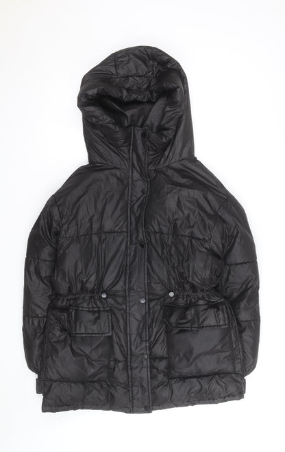 Bershka Women's Black XS Puffer Jacket Hooded Mid-Length