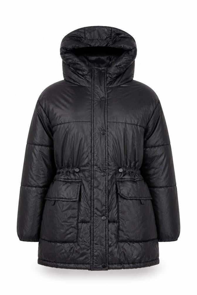Bershka Women's Black XS Puffer Jacket Hooded Mid-Length