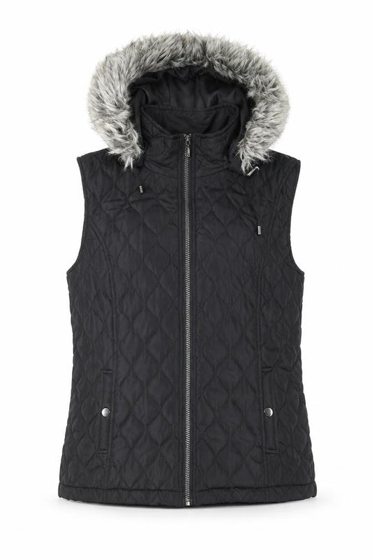 Tu Women's Black Quilted Hooded Faux Fur Trim Waistcoat Size 14