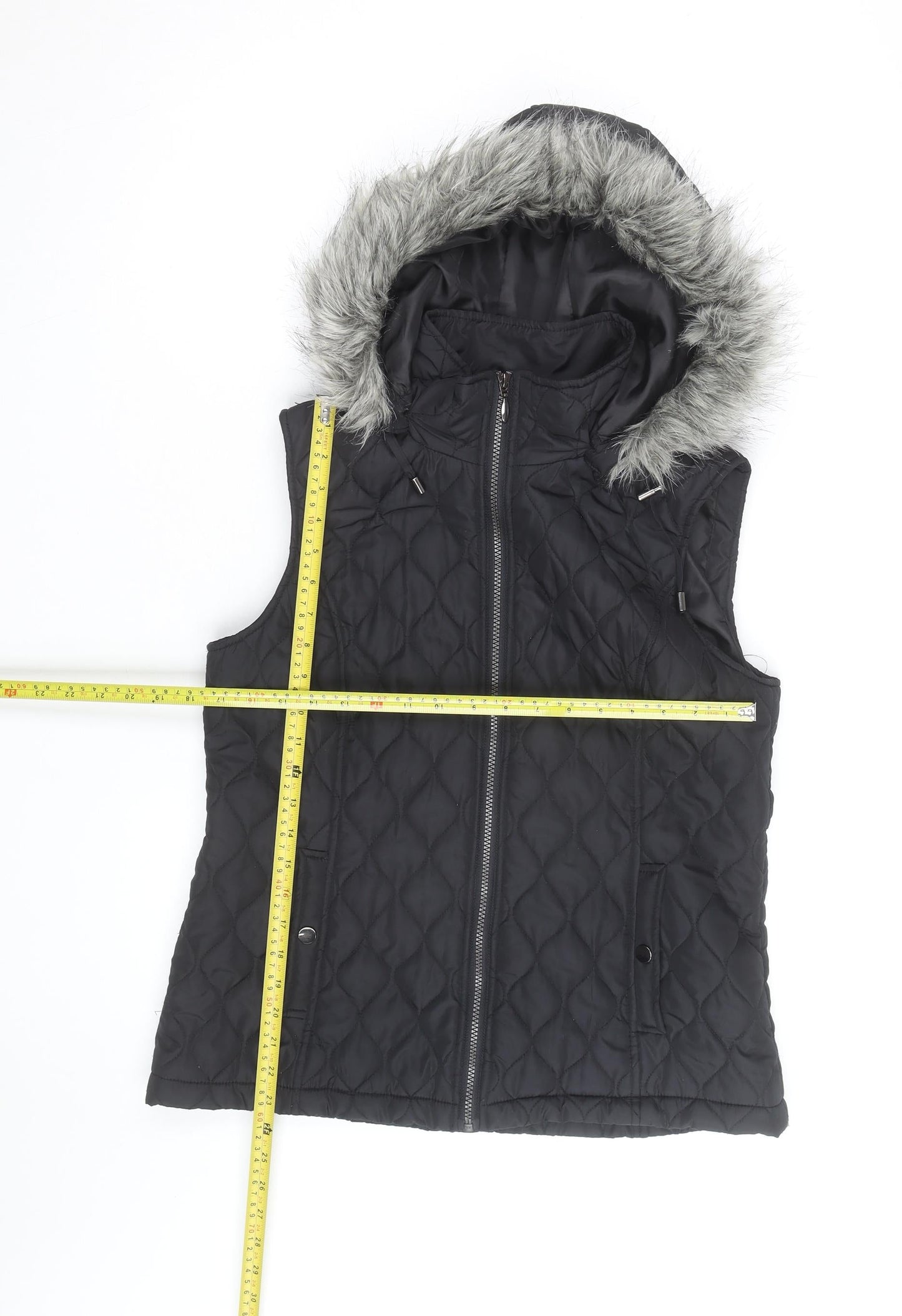 Tu Women's Black Quilted Hooded Faux Fur Trim Waistcoat Size 14
