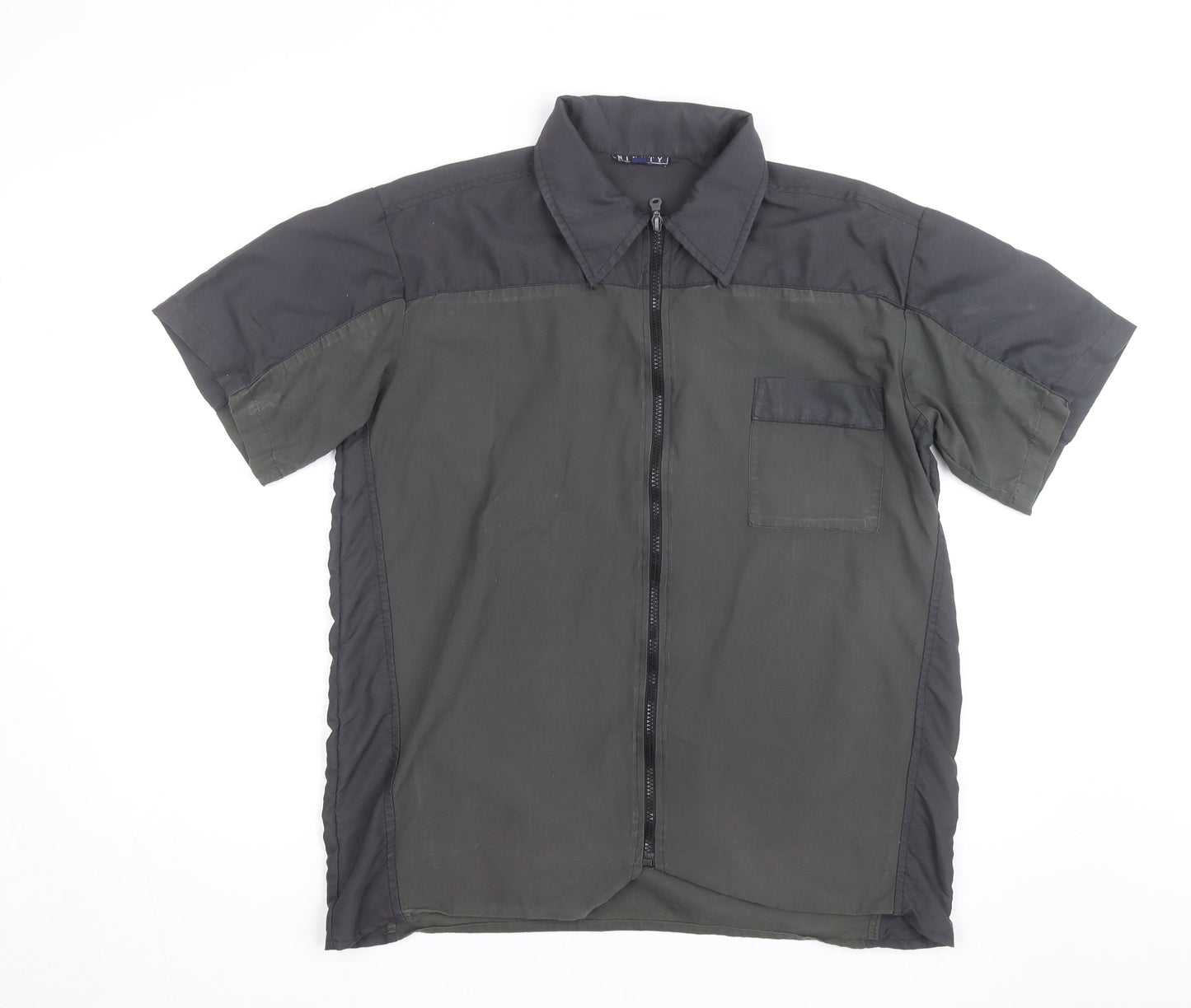 Ninety Mens Black Short Sleeve Zip Front Collared Shirt L Regular Fit