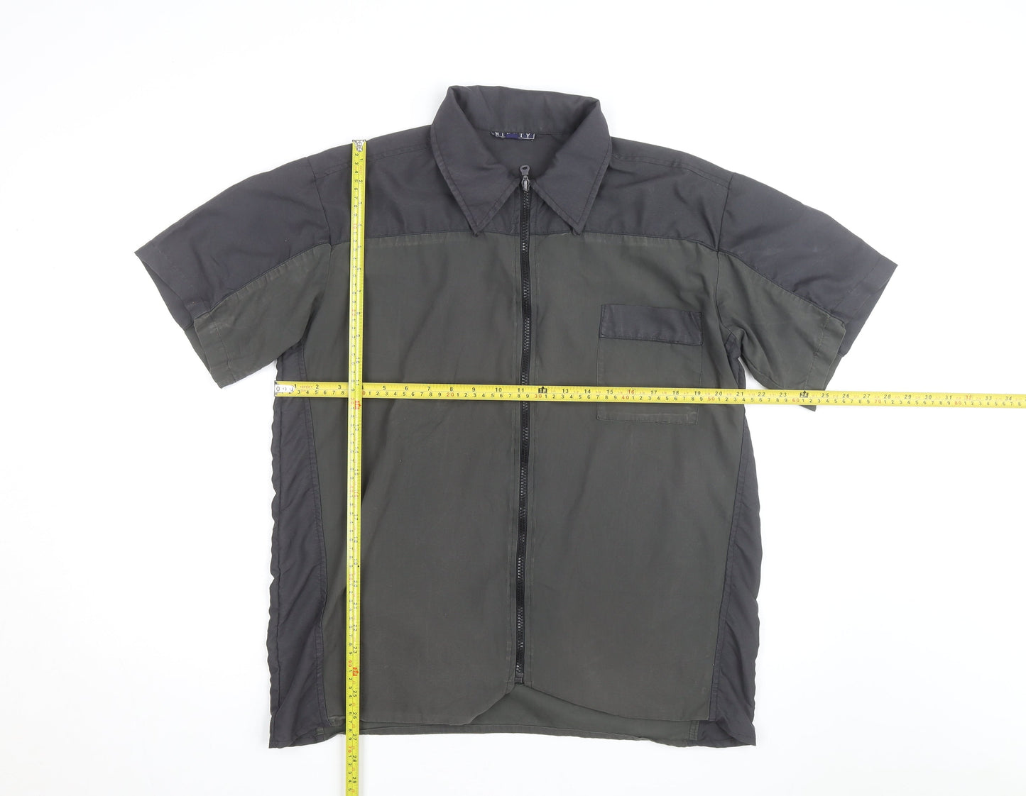 Ninety Mens Black Short Sleeve Zip Front Collared Shirt L Regular Fit