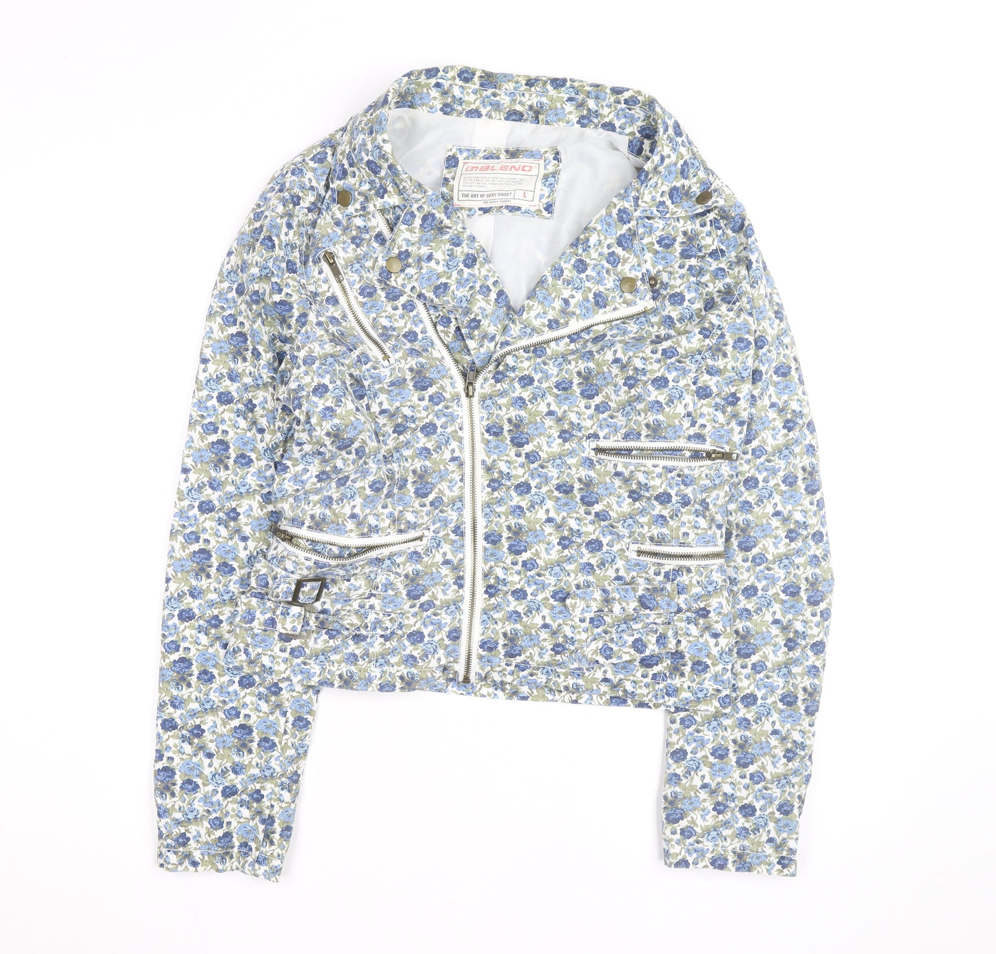 Blend Women Blue Floral Biker Jacket Cotton Zip Lined L