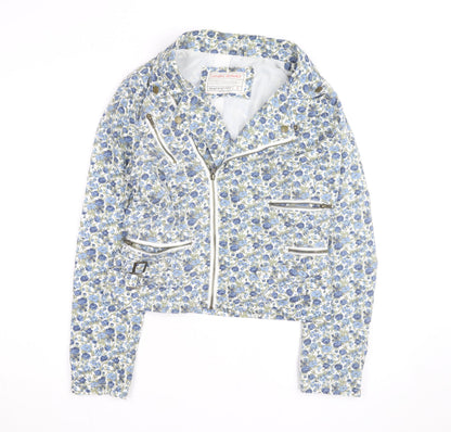 Blend Women Blue Floral Biker Jacket Cotton Zip Lined L