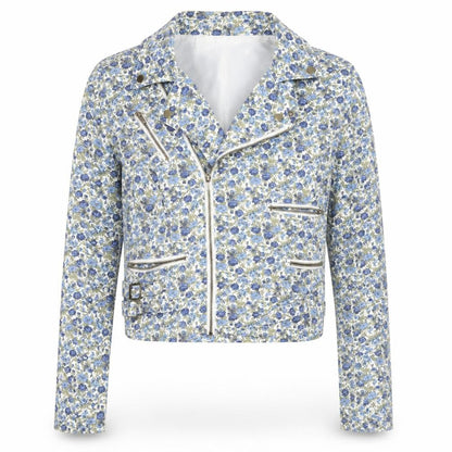 Blend Women Blue Floral Biker Jacket Cotton Zip Lined L