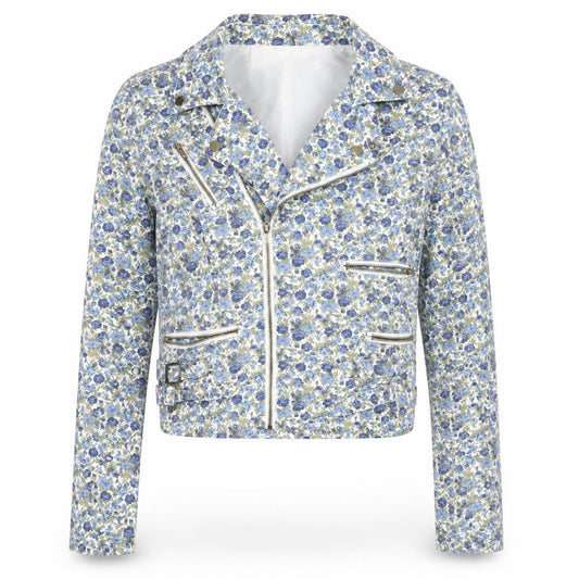 Blend Women Blue Floral Biker Jacket Cotton Zip Lined L