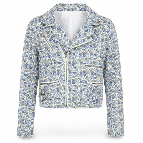 Blend Women Blue Floral Biker Jacket Cotton Zip Lined L