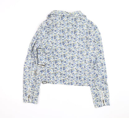 Blend Women Blue Floral Biker Jacket Cotton Zip Lined L