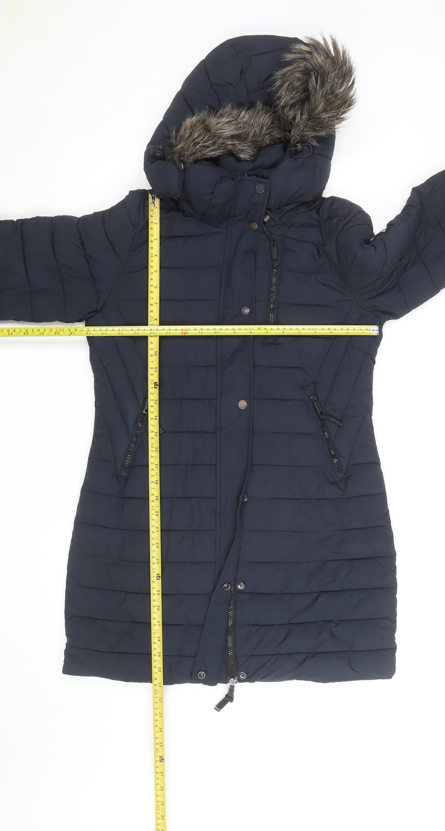 Superdry Womens Blue Long Puffer Coat Hooded Faux Fur Trim Size S