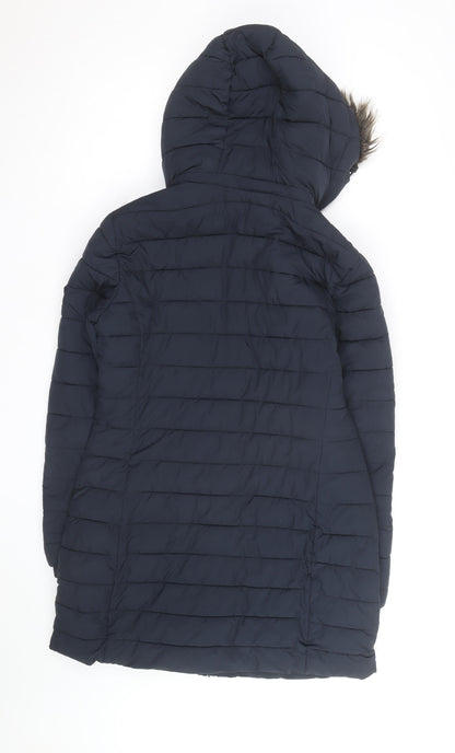Superdry Womens Blue Long Puffer Coat Hooded Faux Fur Trim Size S