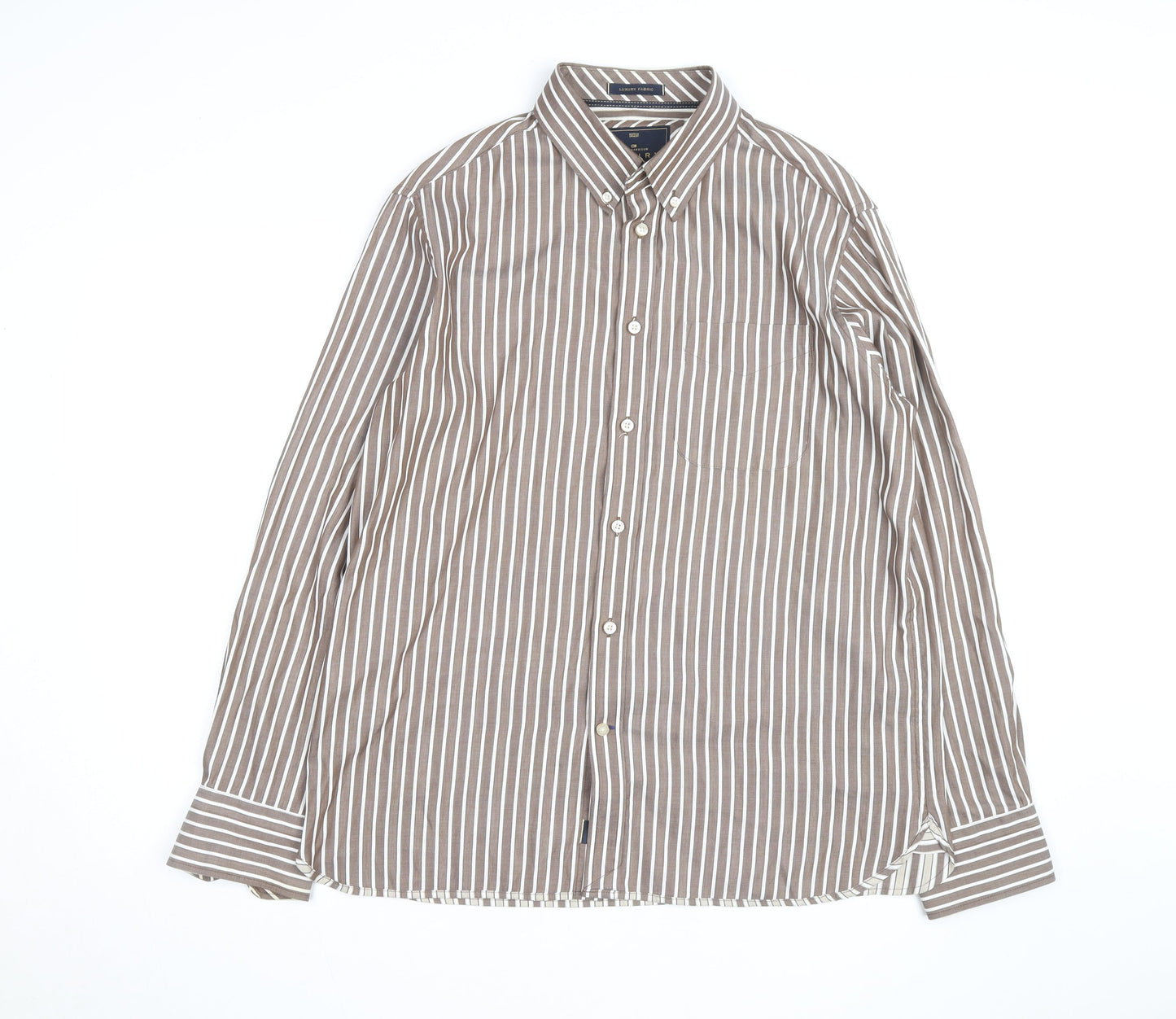 Marks and Spencer Blue Harbour Men's Brown Striped Button-Up Shirt L