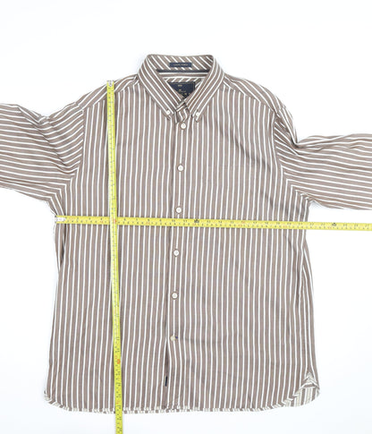 Marks and Spencer Blue Harbour Men's Brown Striped Button-Up Shirt L
