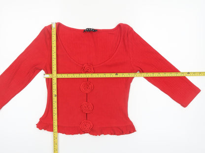 Motel Women Red Cropped Button Ruffle Knit Top Size L