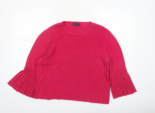 Marks and Spencer Women Pink Cotton Crew Neck Pleated Sleeve Jumper Size 16