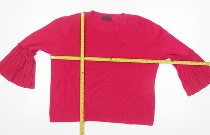 Marks and Spencer Women Pink Cotton Crew Neck Pleated Sleeve Jumper Size 16