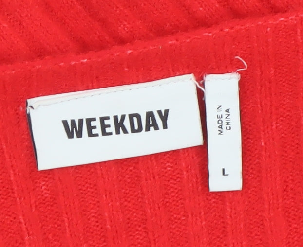 Weekday Women Red V-Neck Ribbed Knit Pullover Jumper Size L