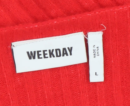 Weekday Women Red V-Neck Ribbed Knit Pullover Jumper Size L