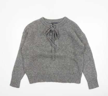 Zara Women Grey Knit Pullover Jumper M Long Sleeve Lace-Up Bow Wool Blend