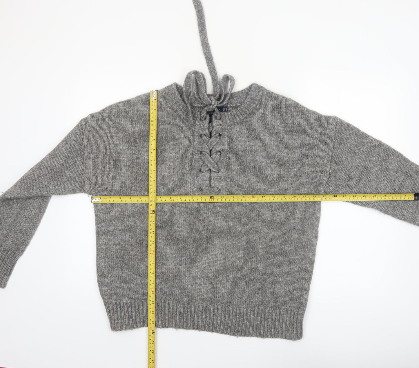 Zara Women Grey Knit Pullover Jumper M Long Sleeve Lace-Up Bow Wool Blend
