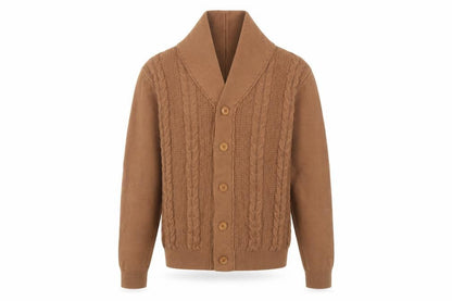 Guide London Men's Brown XL Cable-Knit Cotton Shawl Collar Cardigan