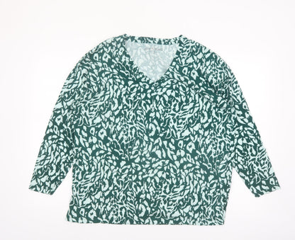JD Williams Womens Green Animal Print Cotton V-Neck Long Sleeve T-Shirt Size 18