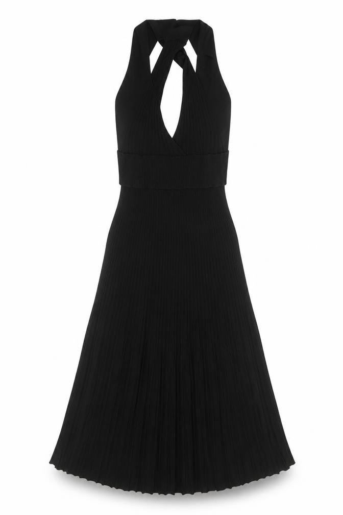 Zara Womens Black Midi Fit & Flare Halter Pleated Knit Dress Size M