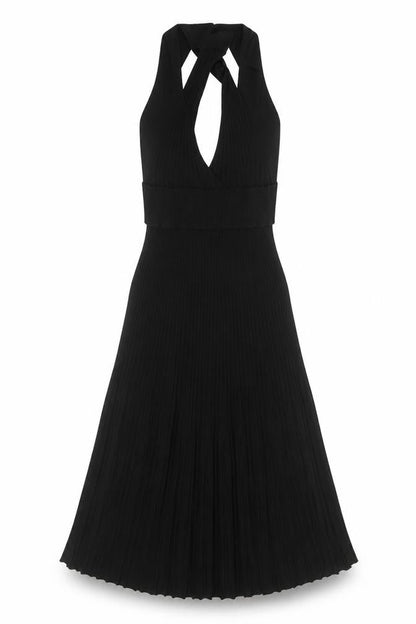 Zara Womens Black Midi Fit & Flare Halter Pleated Knit Dress Size M
