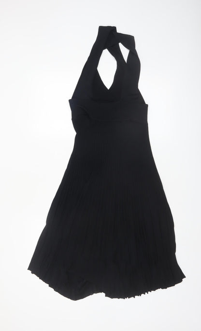 Zara Womens Black Midi Fit & Flare Halter Pleated Knit Dress Size M