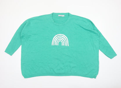 Haven Women Green Relaxed Crew Neck Rainbow Cotton Jumper One Size