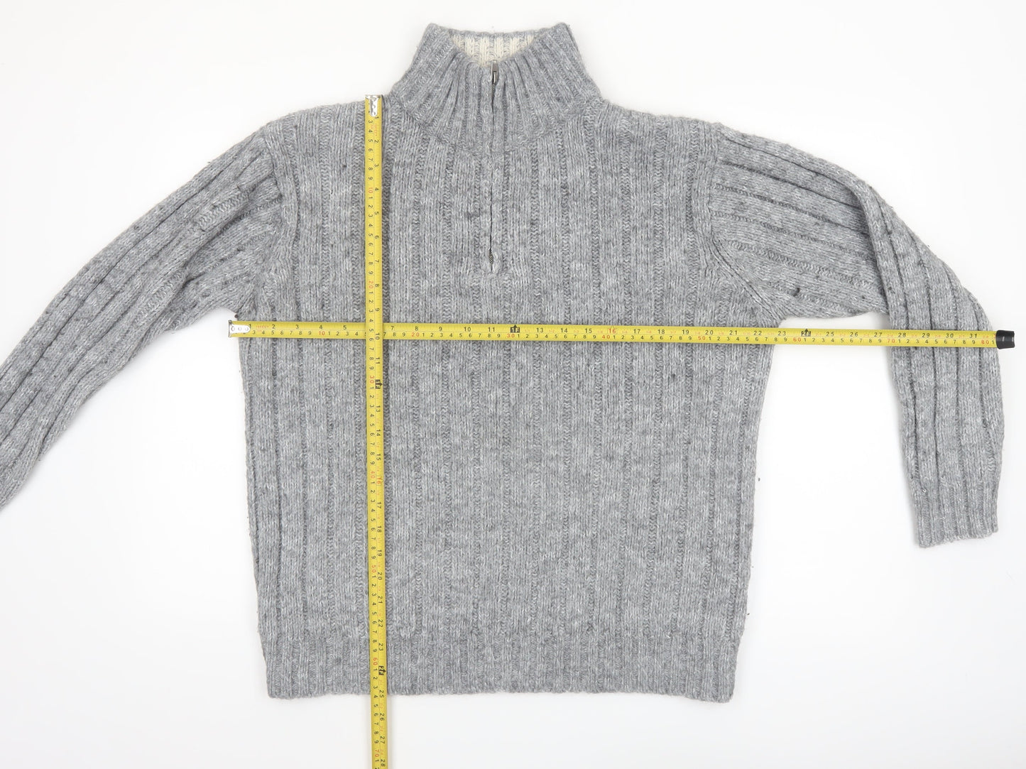 North Coast Men's Grey Chunky Knit 1/2 Zip High Neck Jumper M