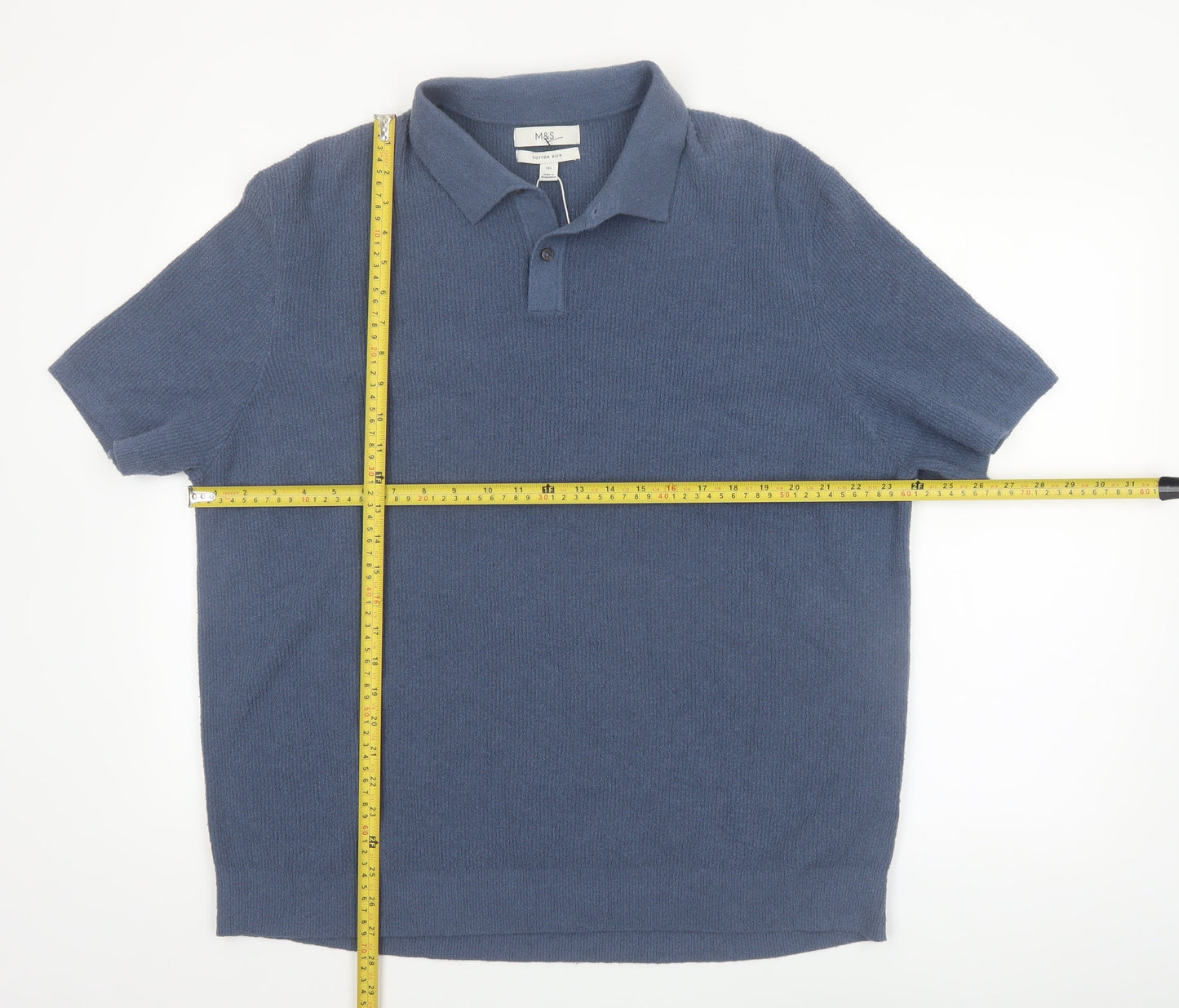 Marks and Spencer Men's Blue Cotton Blend Knit Polo Shirt 2XL