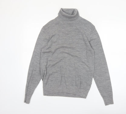 Uniqlo Men's Grey Wool Roll Neck Jumper Size S