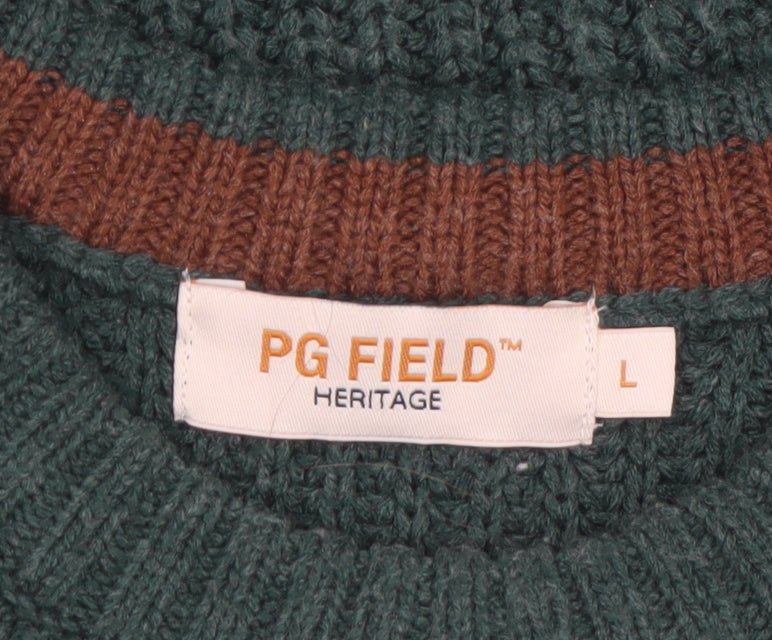 PG Field Men's Green Chunky-Knit Crew Neck Acrylic Jumper L