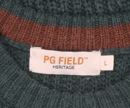 PG Field Men's Green Chunky-Knit Crew Neck Acrylic Jumper L