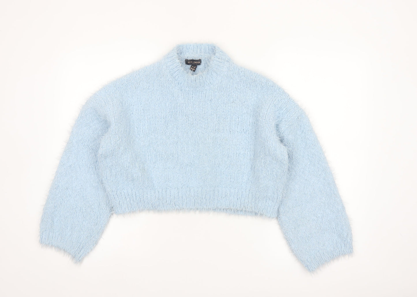 QED London Women's Blue Mock Neck Fluffy Knit Jumper S