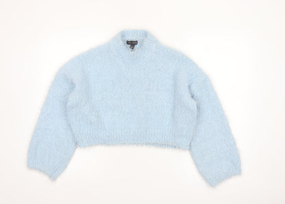 QED London Women's Blue Mock Neck Fluffy Knit Jumper S