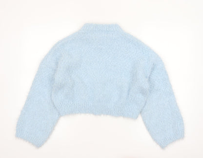 QED London Women's Blue Mock Neck Fluffy Knit Jumper S