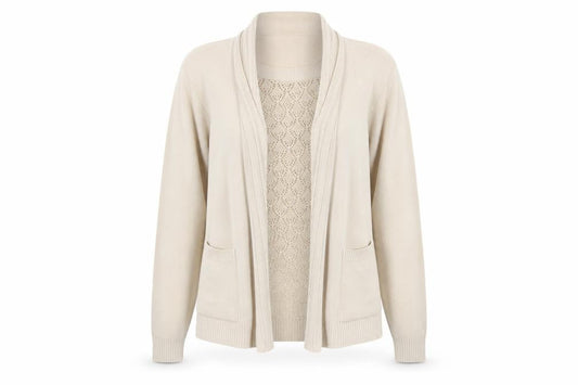 Mia Moda Women’s Beige Knit Acrylic Cardigan M Long Sleeve Open Front
