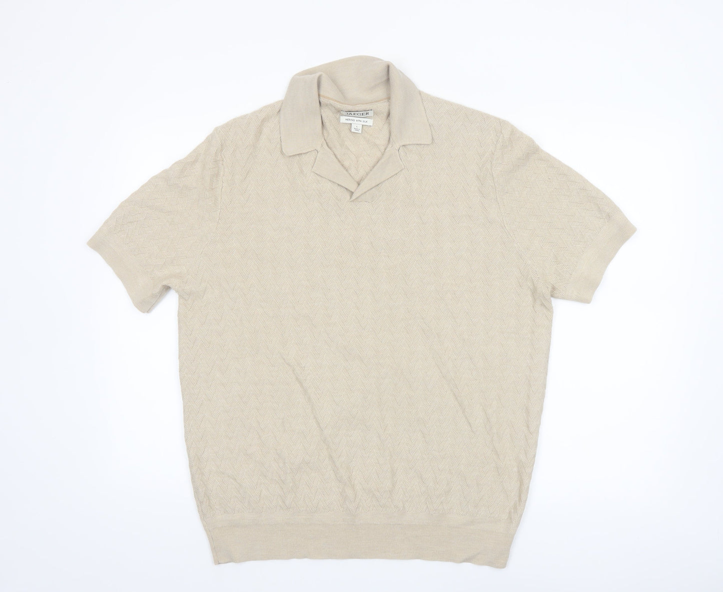 Jaeger Men’s Beige Merino Silk Short Sleeve Knit Polo - Size L