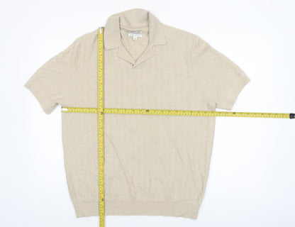 Jaeger Men’s Beige Merino Silk Short Sleeve Knit Polo - Size L