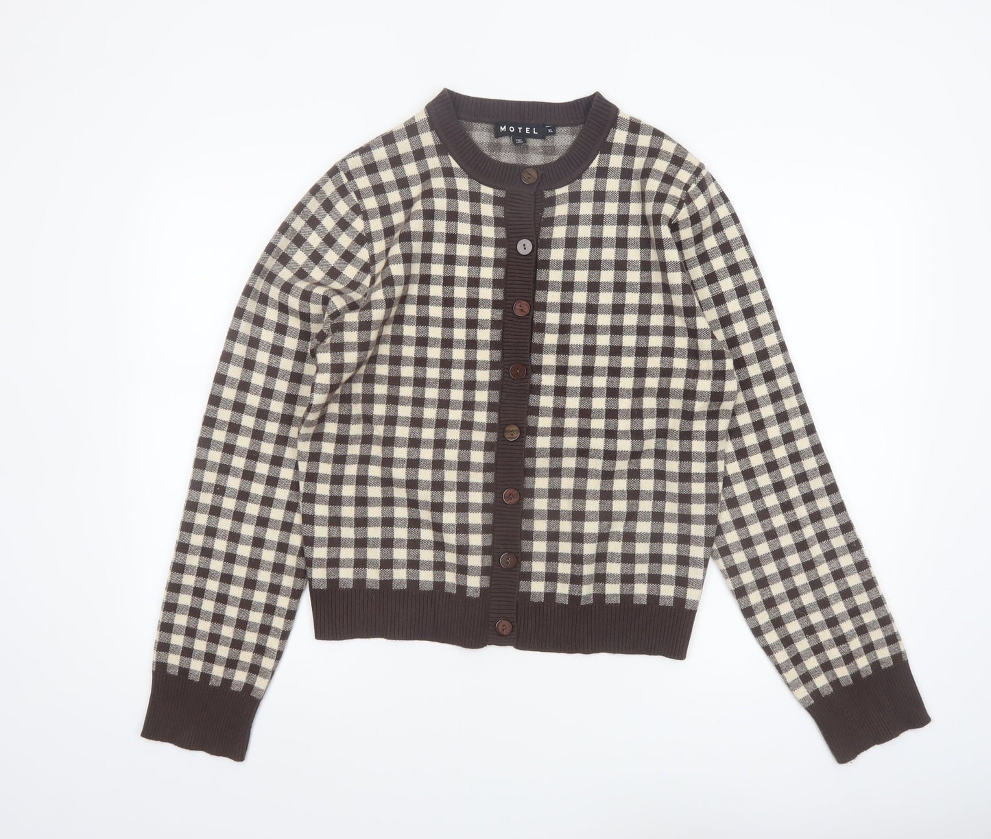Motel Women Brown Beige Checked Cardigan XL Knit Long Sleeve