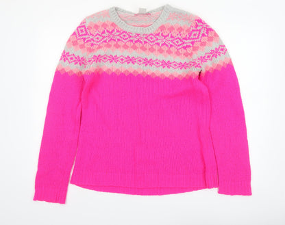 Oasis Womens Pink Fair Isle Knit Crew Neck Jumper Size M