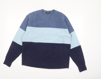 Uniqlo Men's Blue Colour Block Crew Neck Wool Blend Jumper Size S