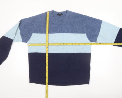 Uniqlo Men's Blue Colour Block Crew Neck Wool Blend Jumper Size S
