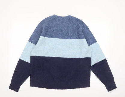 Uniqlo Men's Blue Colour Block Crew Neck Wool Blend Jumper Size S