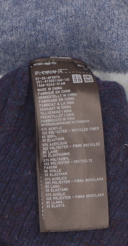 Uniqlo Men's Blue Colour Block Crew Neck Wool Blend Jumper Size S