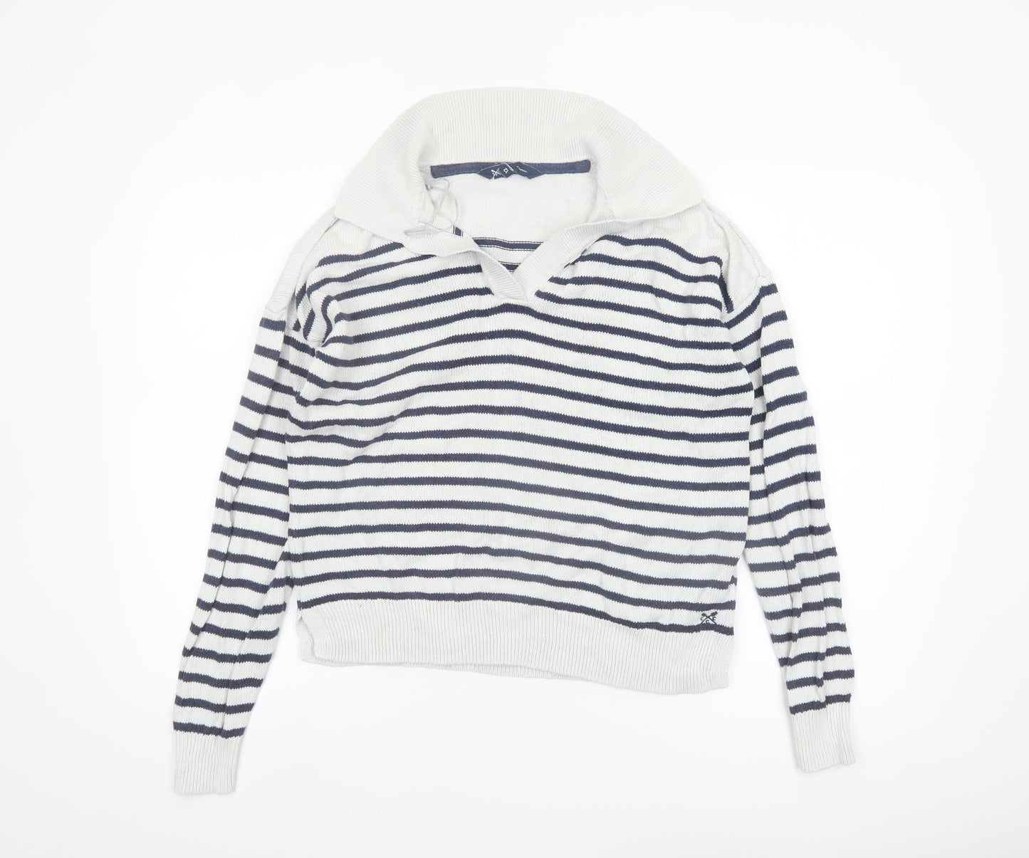 Crew Clothing Company Women's White Striped Collared Jumper Size 12