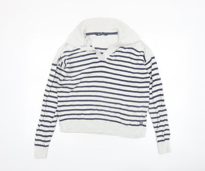 Crew Clothing Company Women's White Striped Collared Jumper Size 12